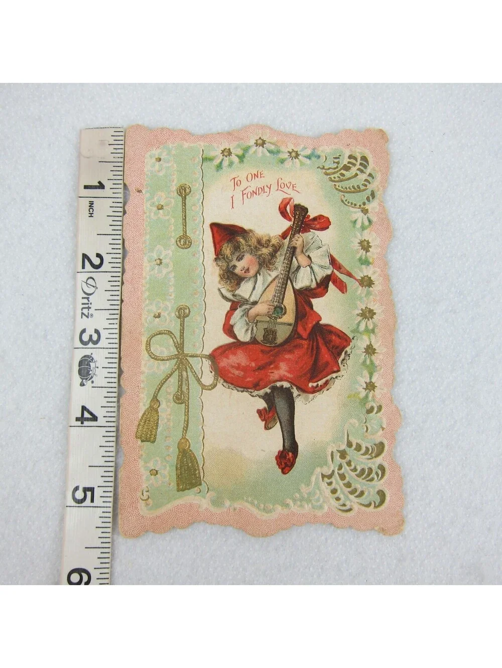 Antique Valentine Blonde Girl Minstrel Play Lute Red Dress Hat Embossed UNSIGNED